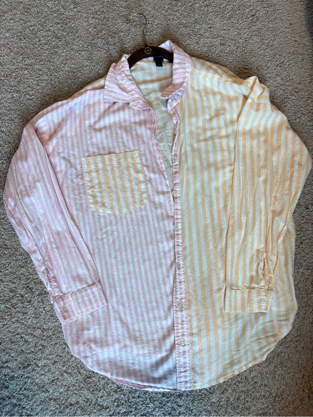 Oversized Striped Button-Up Shirt - Pink & Orange & White